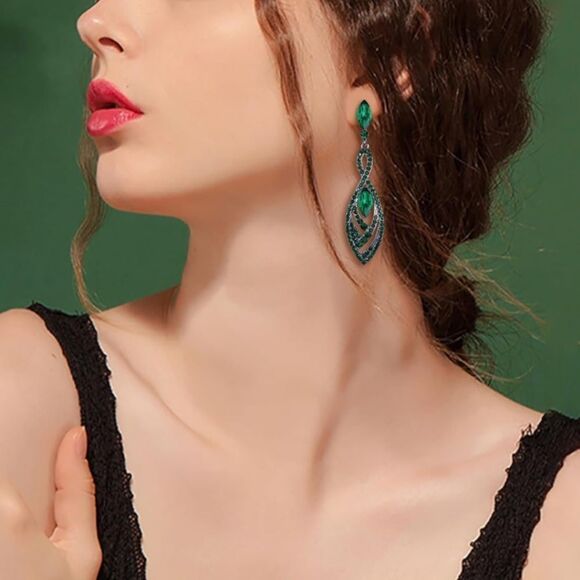 Gun Metal with Emerald Green Austrian Crystal Twisted Chandelier Post Earrings - Picture 3 of 5
